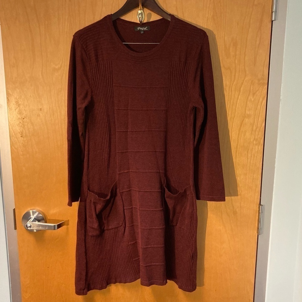 PAPA VANCOUVER Sz L Cocoon Knit Side Ribbed Jersey Crew Neck Tunic Dress